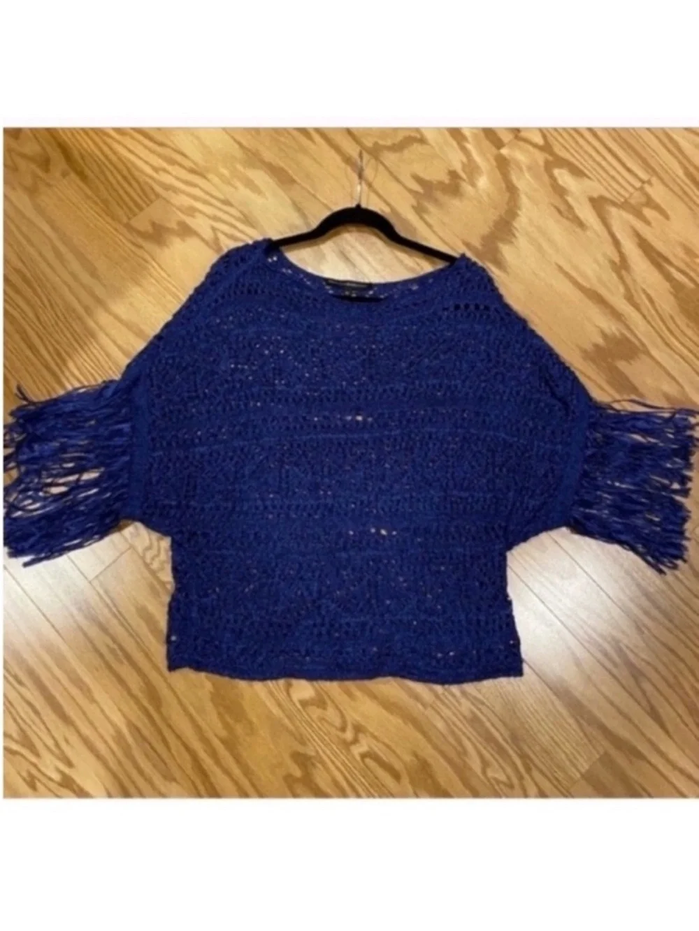 WHBM Fringed Open Weave Tunic in Navy Womens XS Wide Neckline Coastal Cowgirl